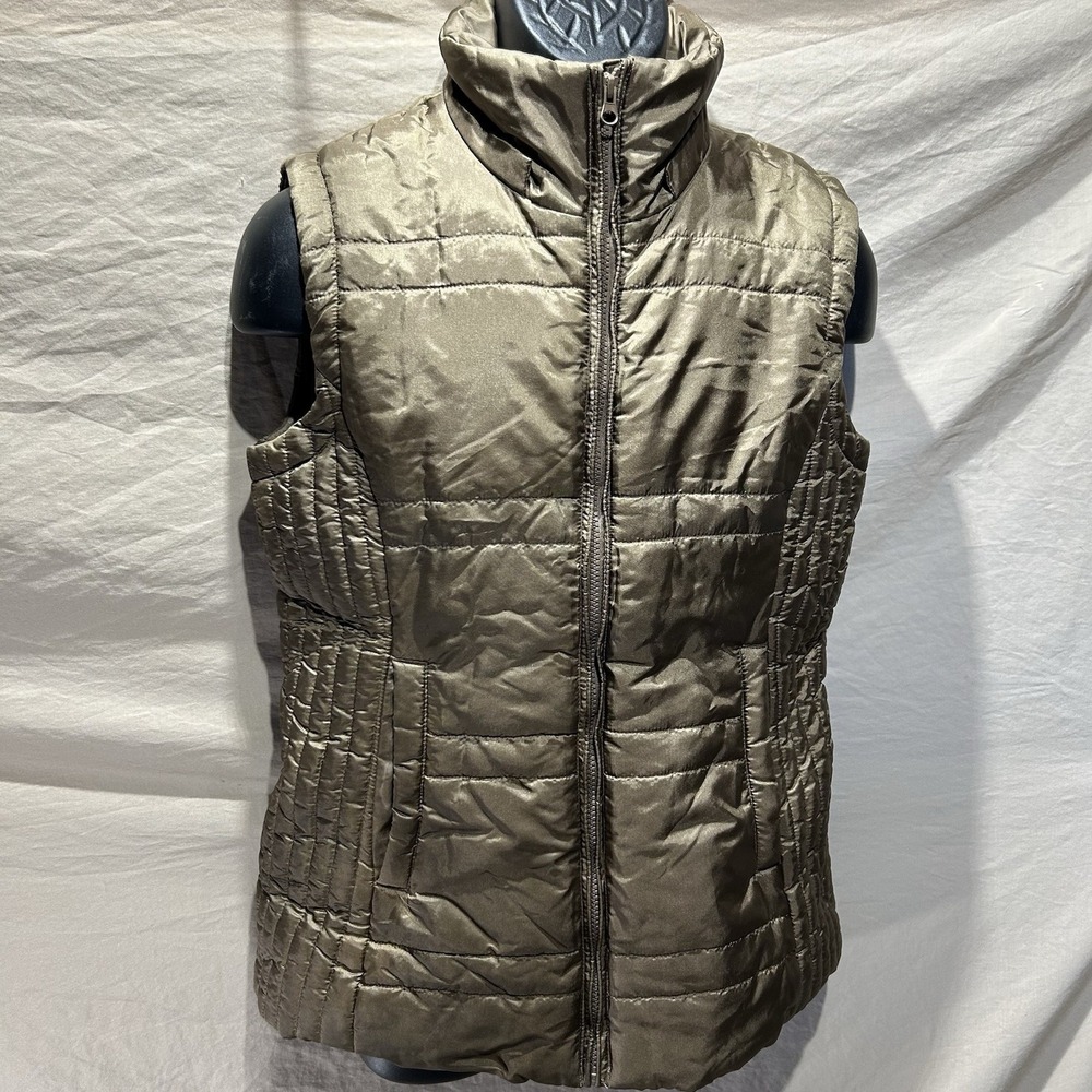 Womens New York & Company Quilted Puffer Vest Size Medium Metallic Olive Bronze